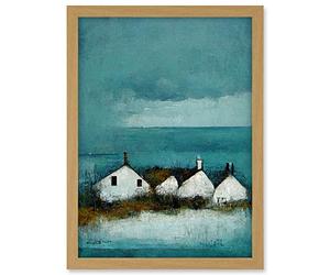 Doppelganger33 LTD Scottish Seascape White Cottages On Teal Artwork Framed A3 Wall Art Print