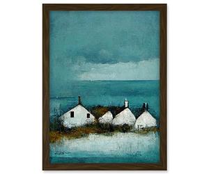 Doppelganger33 LTD Scottish Seascape White Cottages On Teal Artwork Framed A3 Wall Art Print