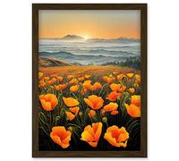 Doppelganger33 LTD Shoreline California Poppies At Sunrise Painting Artwork Framed Wall Art Print A4