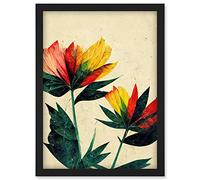 Doppelganger33 LTD Simple Abstract Floral Painting Red Yellow Green Artwork Framed Wall Art Print A4