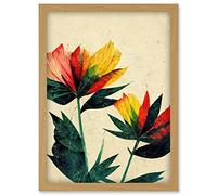 Doppelganger33 LTD Simple Abstract Floral Painting Red Yellow Green Artwork Framed Wall Art Print A4