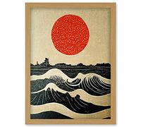 Doppelganger33 LTD Sunset Over Sea Waves Linocut Illustration With Red Sun Artwork Framed Wall Art Print A4