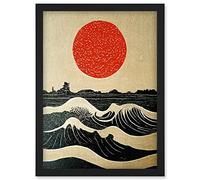Sunset Over Sea Waves Linocut Illustration With Red Sun Artwork Framed Wall Art Print A4 Artery8 Black One Size