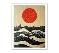 Doppelganger33 LTD Sunset Over Sea Waves Linocut Illustration With Red Sun Artwork Framed Wall Art Print 18X24 Inch
