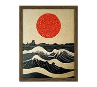 Doppelganger33 LTD Sunset Over Sea Waves Linocut Illustration With Red Sun Artwork Framed Wall Art Print 18X24 Inch