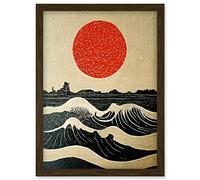 Doppelganger33 LTD Sunset Over Sea Waves Linocut Illustration With Red Sun Artwork Framed Wall Art Print A4