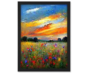 Doppelganger33 LTD Sunset Wildflower Peaceful Summer Meadow Oil Painting Artwork Framed Wall Art Print A4