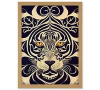 Symmetrical Illustration Of Tiger Face With Yellow Eyes Black And Cream Stripes Artwork Framed Wall Art Print A4 Artery8 Light Oak One Size