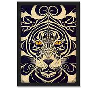 Symmetrical Illustration Of Tiger Face With Yellow Eyes Black And Cream Stripes Artwork Framed Wall Art Print A4 Artery8 Black One Size