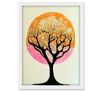 Doppelganger33 LTD Tranquil Tree Silhouette Abstract Illustration Enchanted Linocut Artwork Framed A3 Wall Art Print