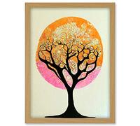 Doppelganger33 LTD Tranquil Tree Silhouette Abstract Illustration Enchanted Linocut Artwork Framed A3 Wall Art Print