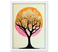 Doppelganger33 LTD Tranquil Tree Silhouette Abstract Illustration Enchanted Linocut Artwork Framed Wall Art Print A4