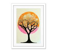 Doppelganger33 LTD Tranquil Tree Silhouette Abstract Illustration Enchanted Linocut Artwork Framed Wall Art Print 18X24 Inch