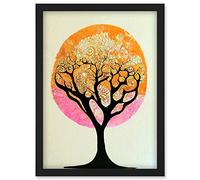 Doppelganger33 LTD Tranquil Tree Silhouette Abstract Illustration Enchanted Linocut Artwork Framed Wall Art Print A4