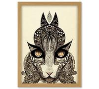Doppelganger33 LTD Tribal Cat Intricate Line Drawing Abstract Pencil Artwork Framed A3 Wall Art Print