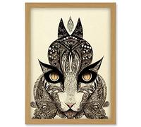 Doppelganger33 LTD Tribal Cat Intricate Line Drawing Abstract Pencil Artwork Framed Wall Art Print A4