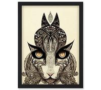 Doppelganger33 LTD Tribal Cat Intricate Line Drawing Abstract Pencil Artwork Framed Wall Art Print A4