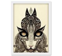 Doppelganger33 LTD Tribal Cat Intricate Line Drawing Abstract Pencil Artwork Framed Wall Art Print A4