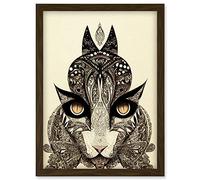 Doppelganger33 LTD Tribal Cat Intricate Line Drawing Abstract Pencil Artwork Framed Wall Art Print A4