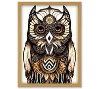 Doppelganger33 LTD Tribal Pattern Owl Feather Patterns Spirit Animal Illustration Monochrome Artwork Framed Wall Art Print A4