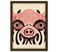 Tribal Pattern Pig Hog Mask Wild Boar Illustration Artwork Framed Wall Art Print A4 Artery8 Brown One Size