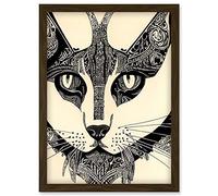 Doppelganger33 LTD Tribal Tattoo Cat Abstract Pencil Sketch Face Artwork Framed Wall Art Print A4