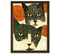Two Cats Playing Orange Wool Illustration Artwork Framed Wall Art Print A4 Artery8 Brown One Size