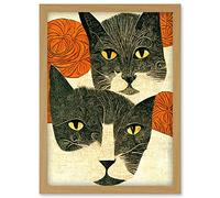 Two Cats Playing Orange Wool Illustration Artwork Framed Wall Art Print A4 Artery8 Light Oak One Size