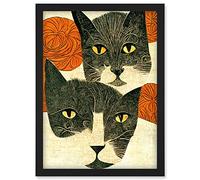 Two Cats Playing Orange Wool Illustration Artwork Framed Wall Art Print A4 Artery8 Black One Size