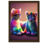 Doppelganger33 LTD Two Cute Vibrant Rainbow Colour Fur Kittens Blue Eyes Artwork Framed Wall Art Print A4