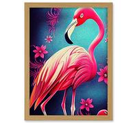 Doppelganger33 LTD Vibrant Flamingo Illustration With Pink Florals Flowers Artwork Framed A3 Wall Art Print