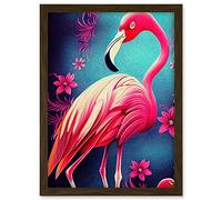 Doppelganger33 LTD Vibrant Flamingo Illustration With Pink Florals Flowers Artwork Framed A3 Wall Art Print