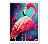 Doppelganger33 LTD Vibrant Flamingo Illustration With Pink Florals Flowers Artwork Framed A3 Wall Art Print