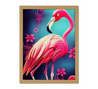 Doppelganger33 LTD Vibrant Flamingo Illustration With Pink Florals Flowers Artwork Framed Wall Art Print 18X24 Inch