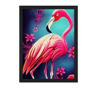 Doppelganger33 LTD Vibrant Flamingo Illustration With Pink Florals Flowers Artwork Framed Wall Art Print 18X24 Inch