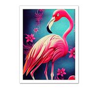 Doppelganger33 LTD Vibrant Flamingo Illustration With Pink Florals Flowers Artwork Framed Wall Art Print 18X24 Inch