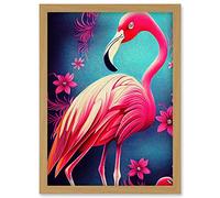 Doppelganger33 LTD Vibrant Flamingo Illustration With Pink Florals Flowers Artwork Framed Wall Art Print A4