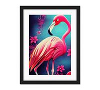 Doppelganger33 LTD Vibrant Flamingo Illustration With Pink Florals Flowers Artwork Framed Wall Art Print 18X24 Inch