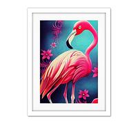 Doppelganger33 LTD Vibrant Flamingo Illustration With Pink Florals Flowers Artwork Framed Wall Art Print 18X24 Inch