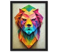 Doppelganger33 LTD Vibrant Geometric Lion Head Decoupage Artwork Framed Wall Art Print A4