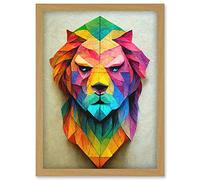 Doppelganger33 LTD Vibrant Geometric Lion Head Decoupage Artwork Framed Wall Art Print A4