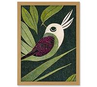 Doppelganger33 LTD Vintage Linocut Illustration Small Bird With Plant Leaves Artwork Framed A3 Wall Art Print
