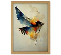 Doppelganger33 LTD Watercolour Paint Illustration Of Colourful Flying Bird Artwork Framed A3 Wall Art Print