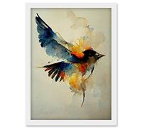 Doppelganger33 LTD Watercolour Paint Illustration Of Colourful Flying Bird Artwork Framed A3 Wall Art Print