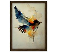 Doppelganger33 LTD Watercolour Paint Illustration Of Colourful Flying Bird Artwork Framed A3 Wall Art Print