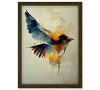 Doppelganger33 LTD Watercolour Paint Illustration Of Colourful Flying Bird Artwork Framed Wall Art Print A4