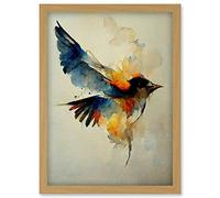 Doppelganger33 LTD Watercolour Paint Illustration Of Colourful Flying Bird Artwork Framed Wall Art Print A4