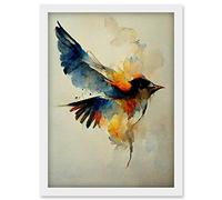 Doppelganger33 LTD Watercolour Paint Illustration Of Colourful Flying Bird Artwork Framed Wall Art Print A4