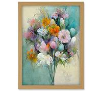 Doppelganger33 LTD Watercolour Pink Orange And Teal Spring Flower Bouquet Illustration Artwork Framed A3 Wall Art Print