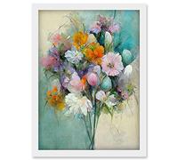 Doppelganger33 LTD Watercolour Pink Orange And Teal Spring Flower Bouquet Illustration Artwork Framed Wall Art Print A4